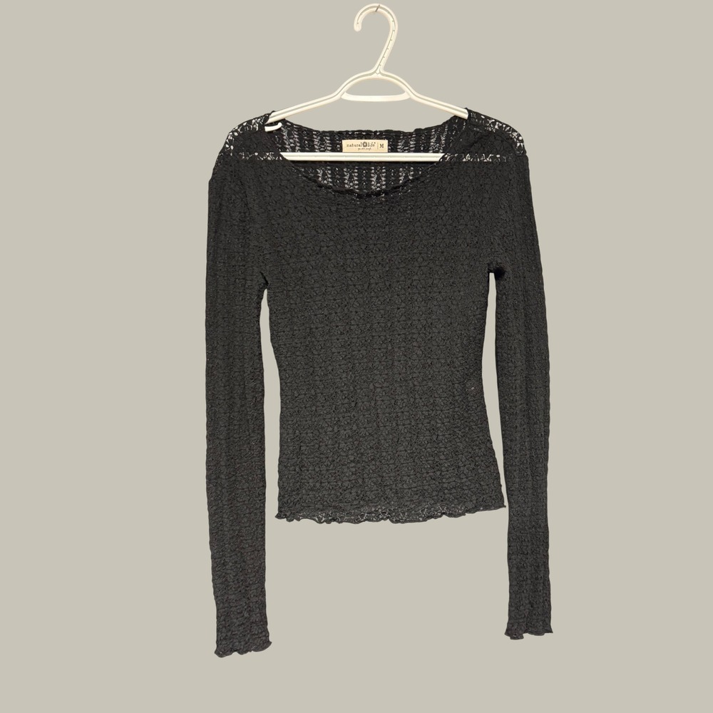 Natural Life Women's Black Floral Lace Layering Long Sleeve Scoop Neck Top Med